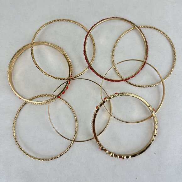 Gold-tone Coral Bangle Bracelet 8 pcs Set Textured Detailing Beaded Accents 2.5" - Picture 4 of 7